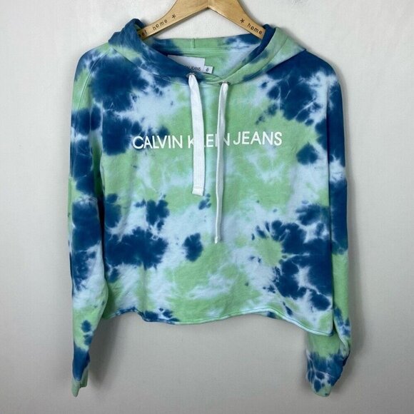 Calvin Klein Tie Dye Hoodie Size Large Blue Green Hooded Sweatshirt Cotton Crop - Picture 5 of 12